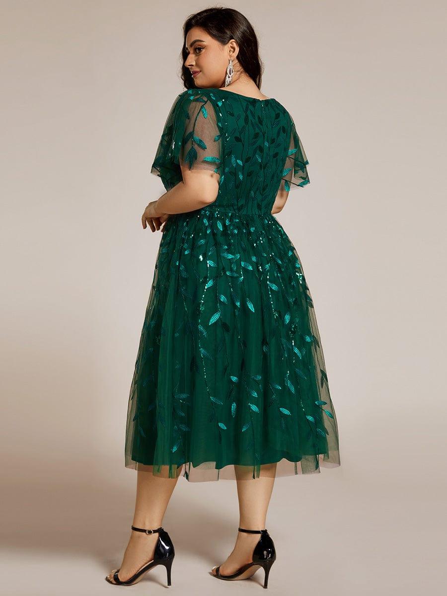 pretty SIMONE|Plus Size Sparkly A-Line Midi Tulle Formal Wedding Guest Dress with Leaf Sequin