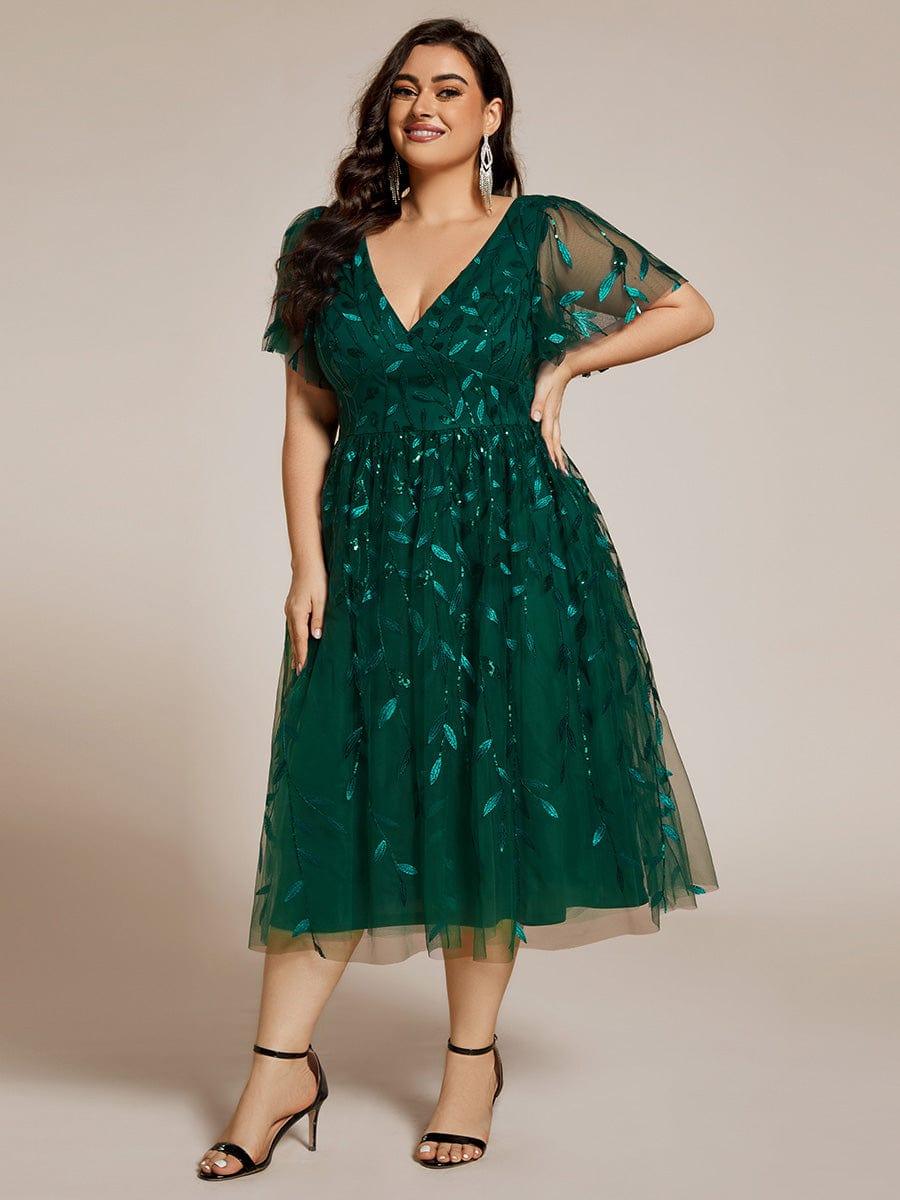 pretty SIMONE|Plus Size Sparkly A-Line Midi Tulle Formal Wedding Guest Dress with Leaf Sequin