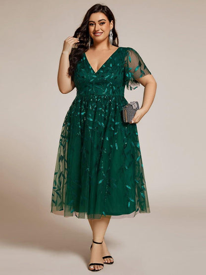 pretty SIMONE|Plus Size Sparkly A-Line Midi Tulle Formal Wedding Guest Dress with Leaf Sequin
