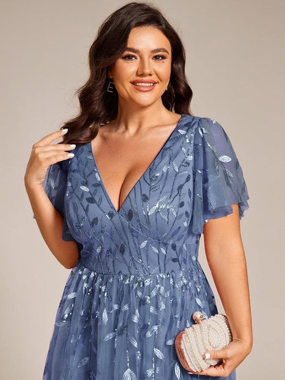 pretty SIMONE|Plus Size Sparkly A-Line Midi Tulle Formal Wedding Guest Dress with Leaf Sequin