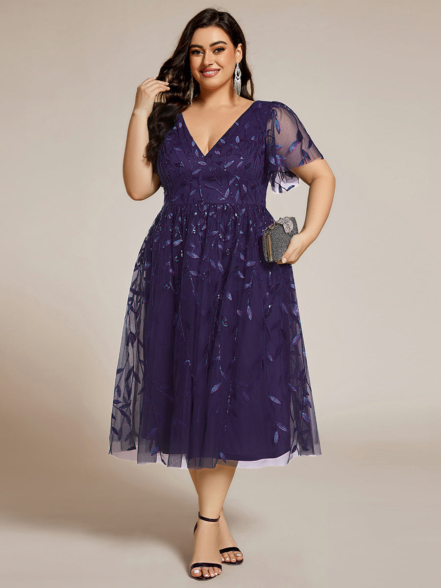 pretty SIMONE|Plus Size Sparkly A-Line Midi Tulle Formal Wedding Guest Dress with Leaf Sequin