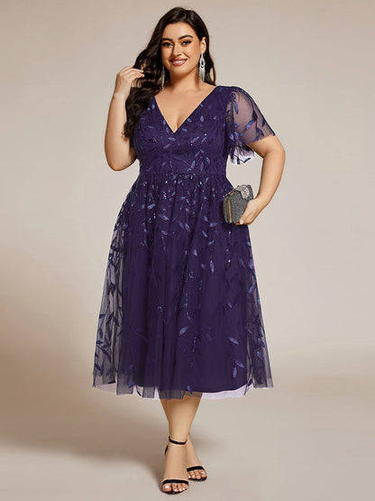 pretty SIMONE|Plus Size Sparkly A-Line Midi Tulle Formal Wedding Guest Dress with Leaf Sequin