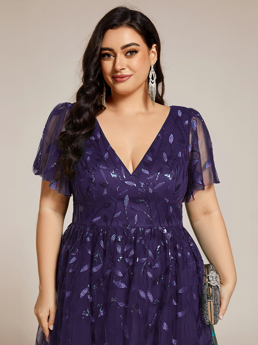 pretty SIMONE|Plus Size Sparkly A-Line Midi Tulle Formal Wedding Guest Dress with Leaf Sequin