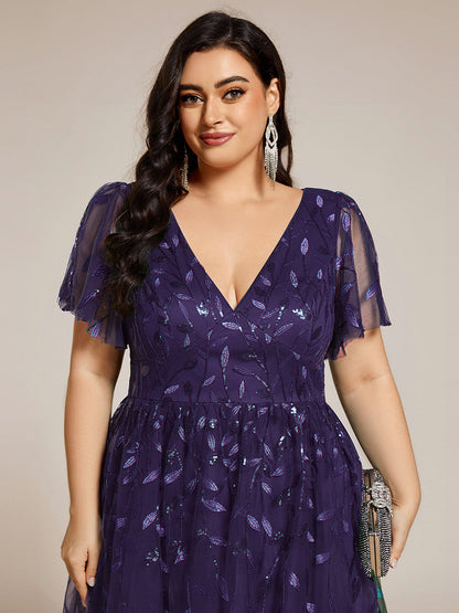 pretty SIMONE|Plus Size Sparkly A-Line Midi Tulle Formal Wedding Guest Dress with Leaf Sequin