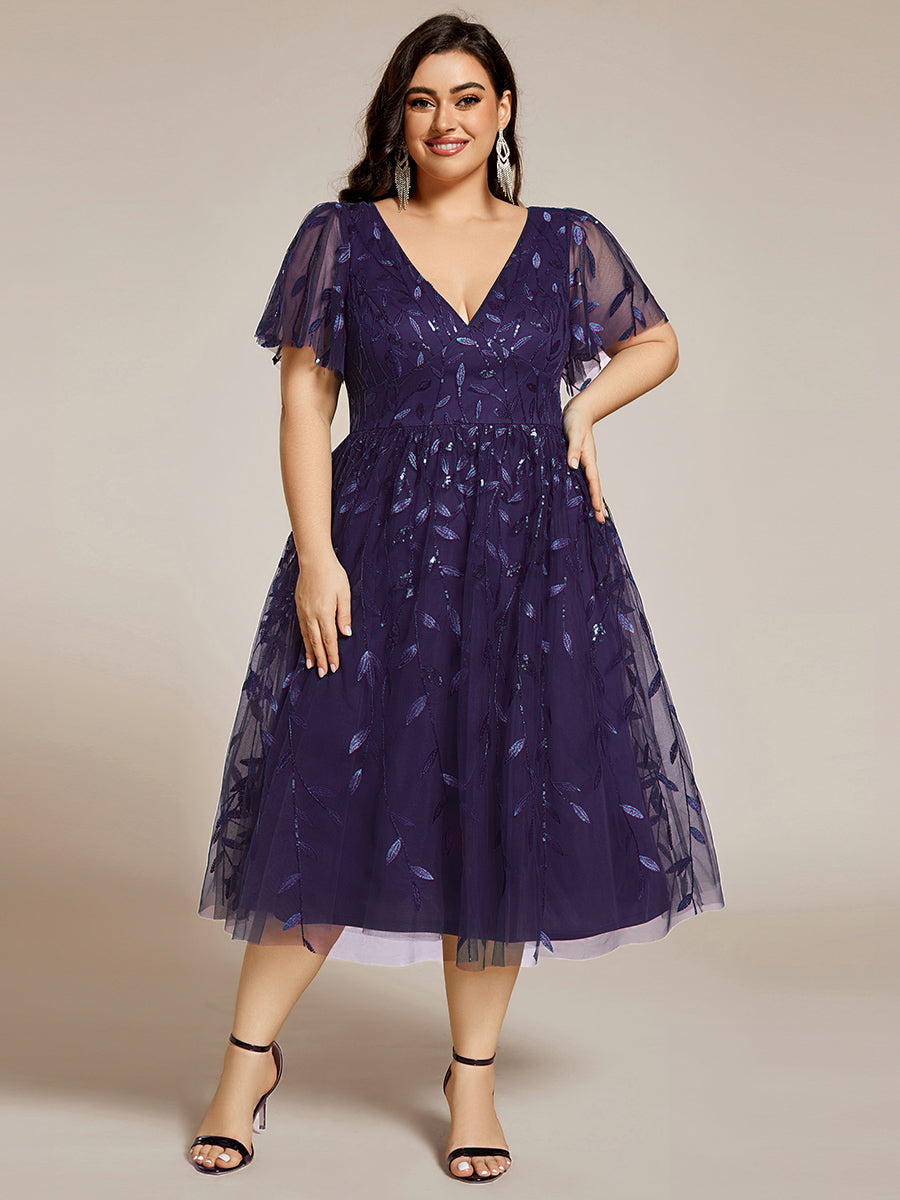 pretty SIMONE|Plus Size Sparkly A-Line Midi Tulle Formal Wedding Guest Dress with Leaf Sequin