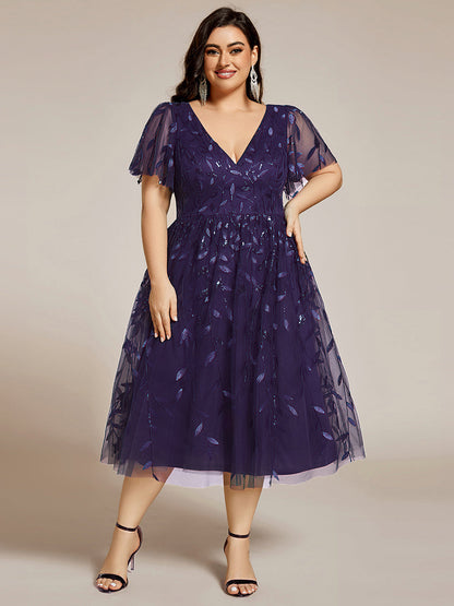 pretty SIMONE|Plus Size Sparkly A-Line Midi Tulle Formal Wedding Guest Dress with Leaf Sequin