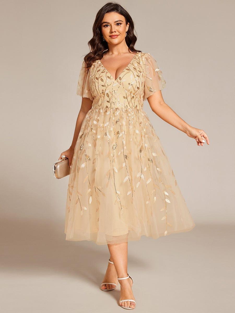 pretty SIMONE|Plus Size Sparkly A-Line Midi Tulle Formal Wedding Guest Dress with Leaf Sequin