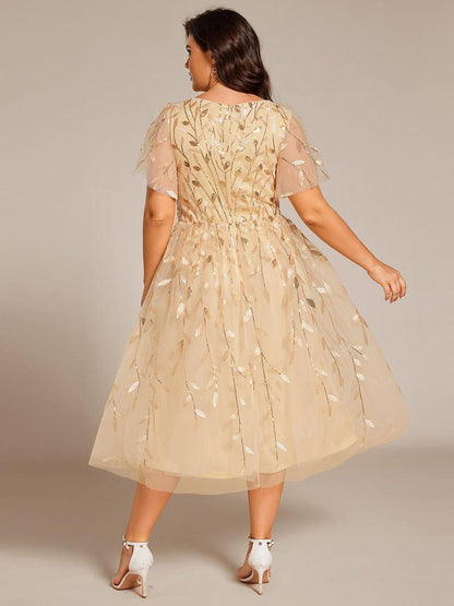 pretty SIMONE|Plus Size Sparkly A-Line Midi Tulle Formal Wedding Guest Dress with Leaf Sequin