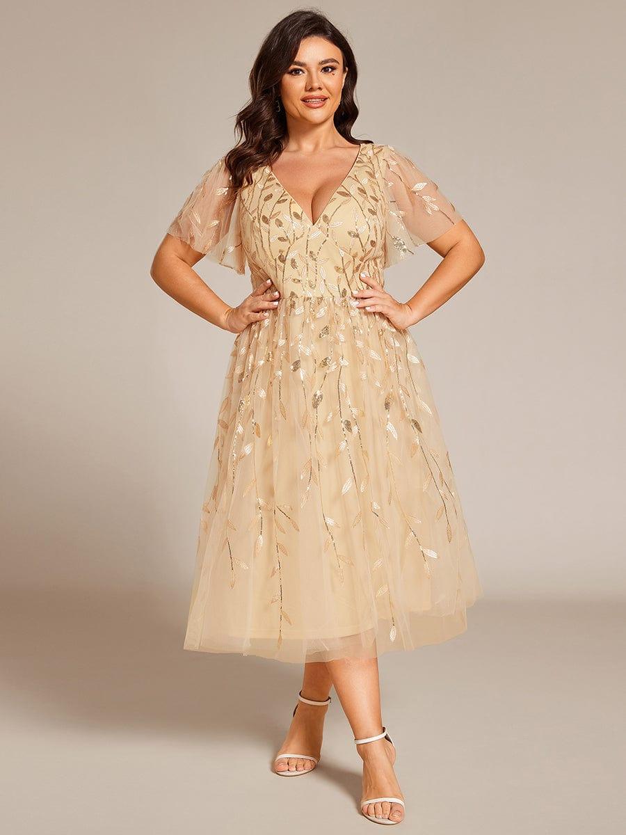 pretty SIMONE|Plus Size Sparkly A-Line Midi Tulle Formal Wedding Guest Dress with Leaf Sequin