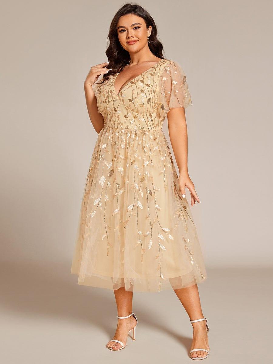pretty SIMONE|Plus Size Sparkly A-Line Midi Tulle Formal Wedding Guest Dress with Leaf Sequin