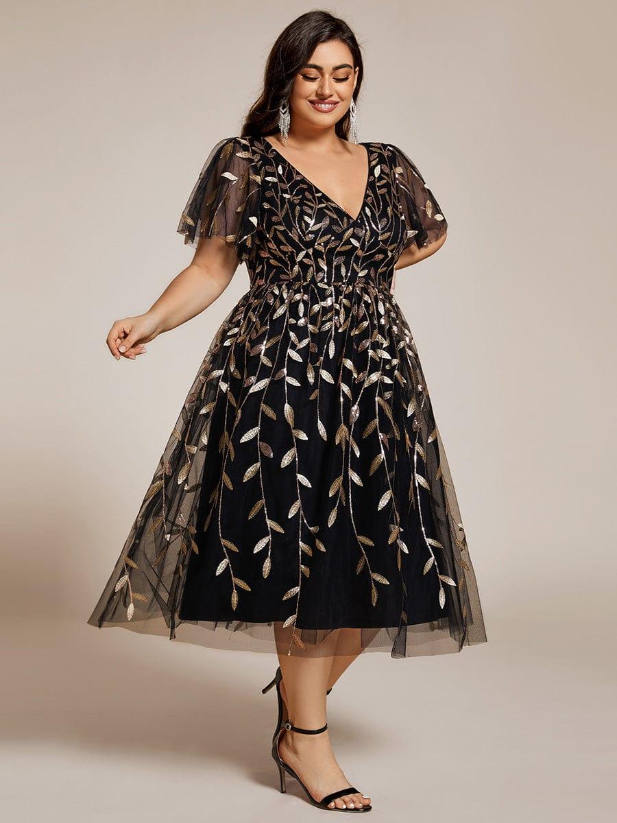 pretty SIMONE|Plus Size Sparkly A-Line Midi Tulle Formal Wedding Guest Dress with Leaf Sequin