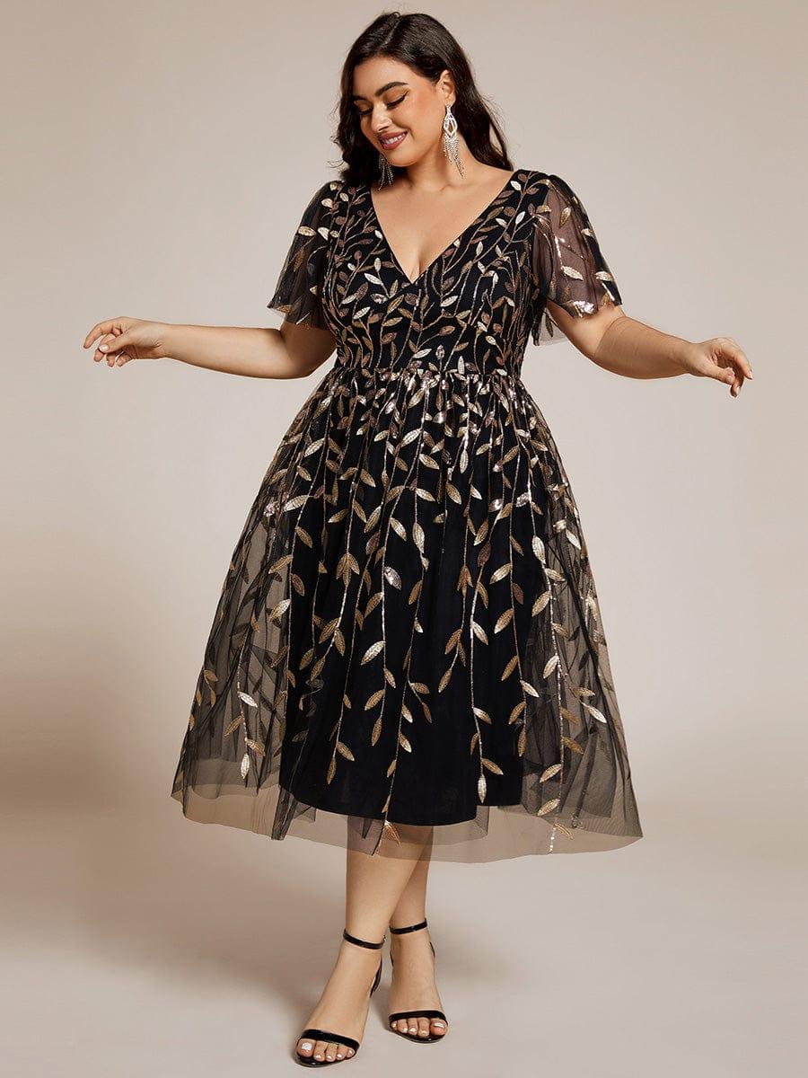 pretty SIMONE|Plus Size Sparkly A-Line Midi Tulle Formal Wedding Guest Dress with Leaf Sequin