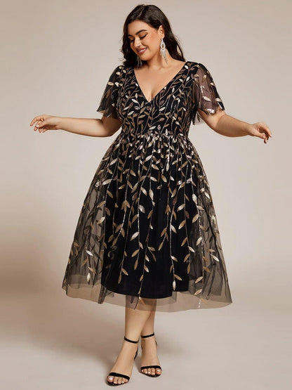 pretty SIMONE|Plus Size Sparkly A-Line Midi Tulle Formal Wedding Guest Dress with Leaf Sequin