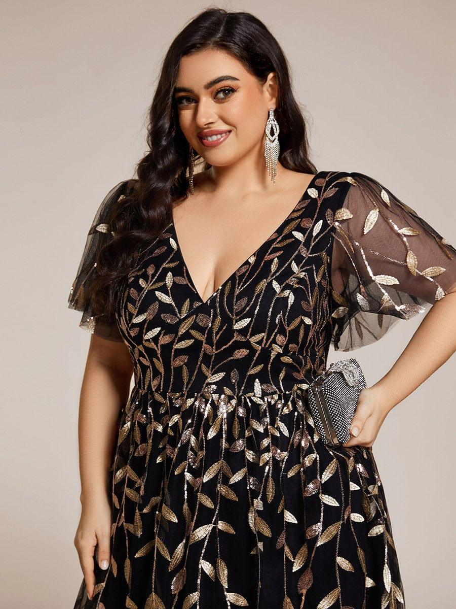 pretty SIMONE|Plus Size Sparkly A-Line Midi Tulle Formal Wedding Guest Dress with Leaf Sequin