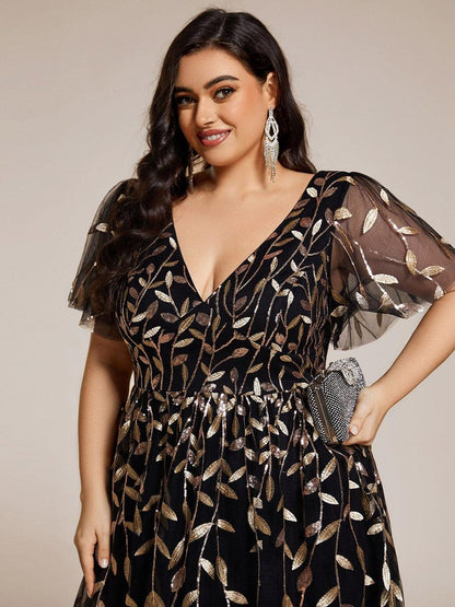 pretty SIMONE|Plus Size Sparkly A-Line Midi Tulle Formal Wedding Guest Dress with Leaf Sequin