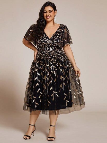 pretty SIMONE|Plus Size Sparkly A-Line Midi Tulle Formal Wedding Guest Dress with Leaf Sequin