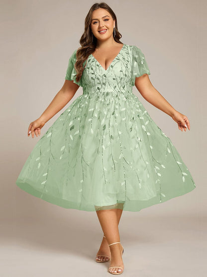 pretty SIMONE|Plus Size Sparkly A-Line Midi Tulle Formal Wedding Guest Dress with Leaf Sequin