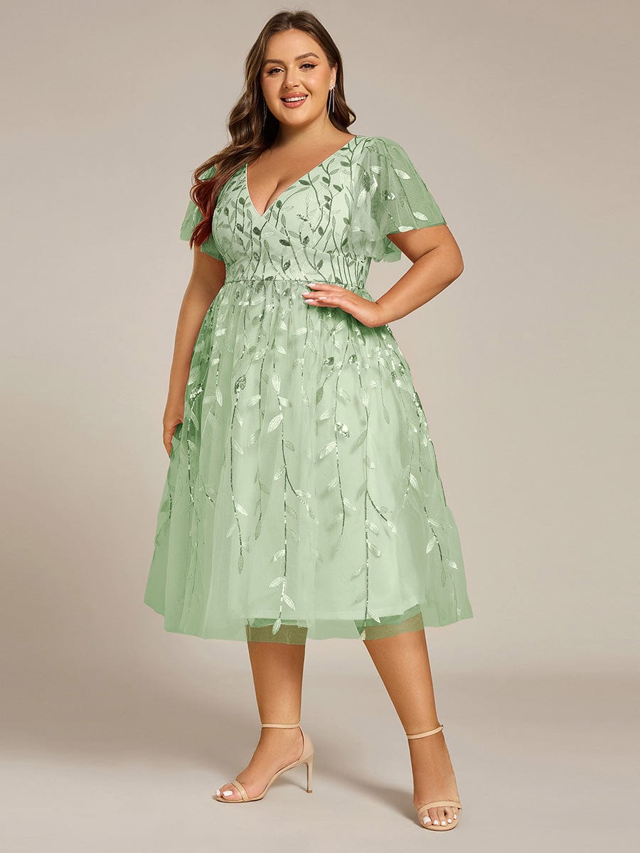 pretty SIMONE|Plus Size Sparkly A-Line Midi Tulle Formal Wedding Guest Dress with Leaf Sequin