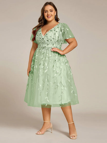 pretty SIMONE|Plus Size Sparkly A-Line Midi Tulle Formal Wedding Guest Dress with Leaf Sequin