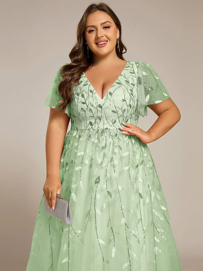 pretty SIMONE|Plus Size Sparkly A-Line Midi Tulle Formal Wedding Guest Dress with Leaf Sequin