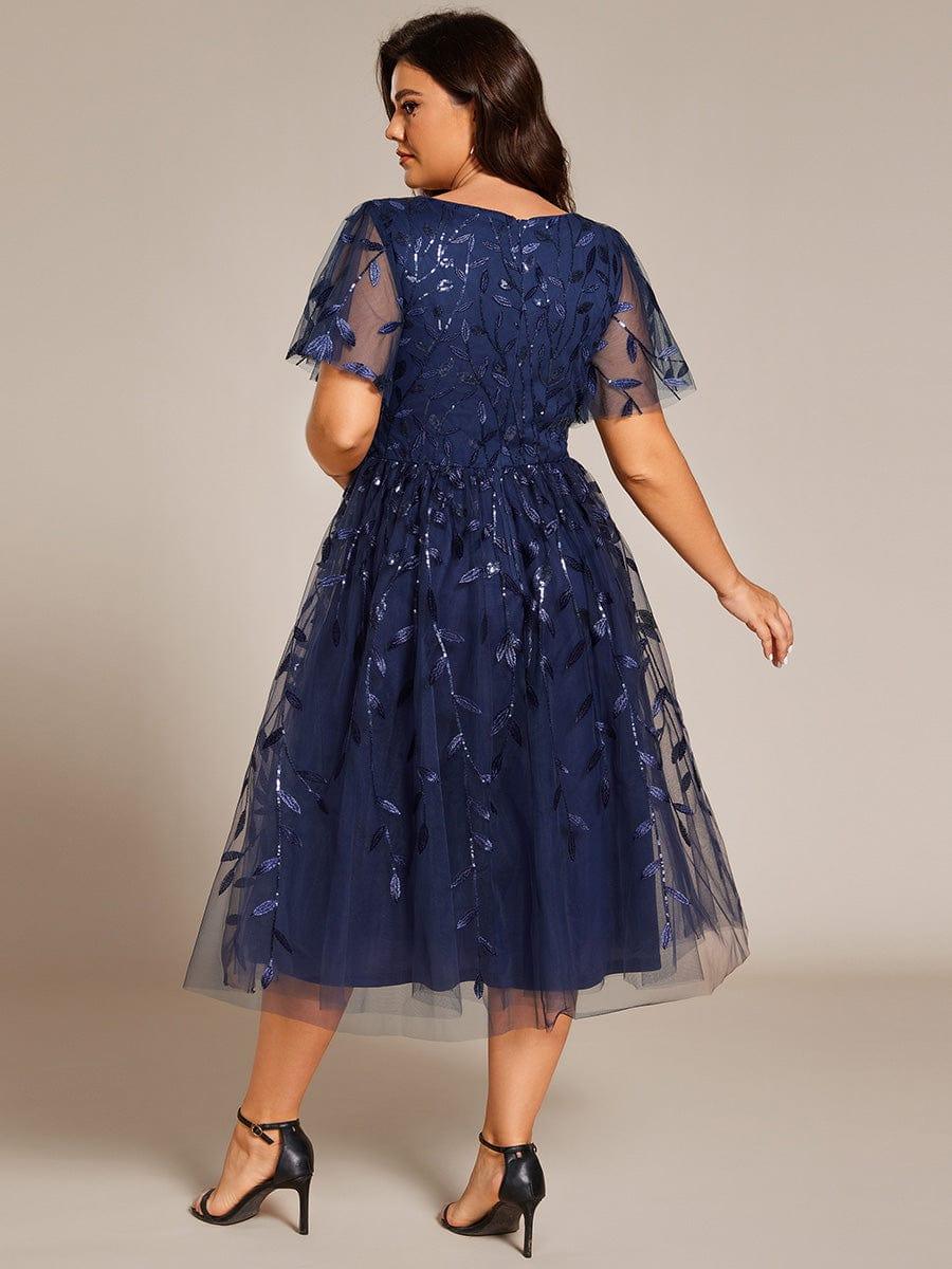 pretty SIMONE|Plus Size Sparkly A-Line Midi Tulle Formal Wedding Guest Dress with Leaf Sequin