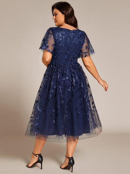 pretty SIMONE|Plus Size Sparkly A-Line Midi Tulle Formal Wedding Guest Dress with Leaf Sequin