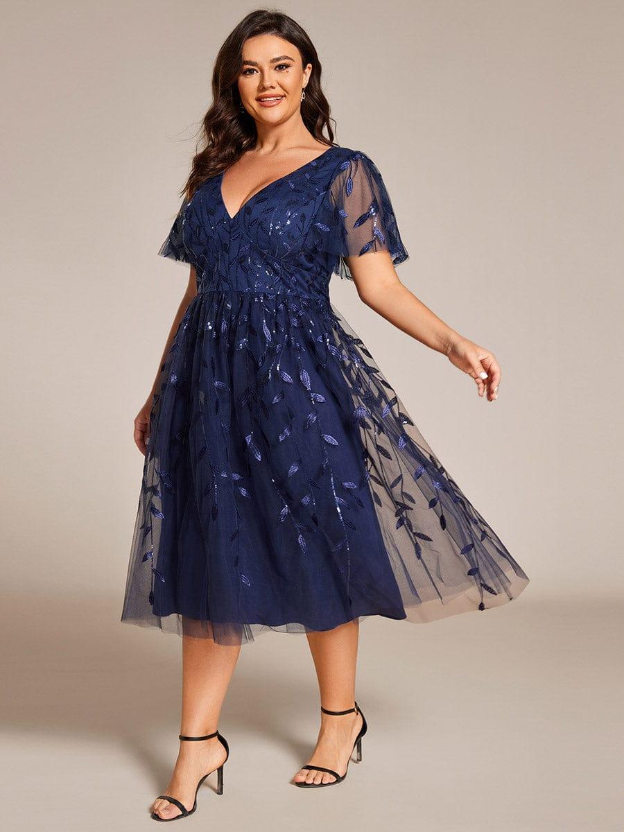 pretty SIMONE|Plus Size Sparkly A-Line Midi Tulle Formal Wedding Guest Dress with Leaf Sequin