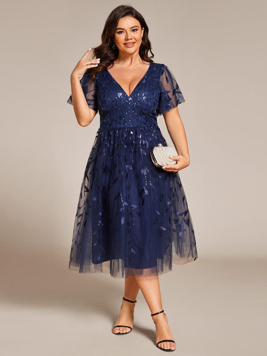pretty SIMONE|Plus Size Sparkly A-Line Midi Tulle Formal Wedding Guest Dress with Leaf Sequin
