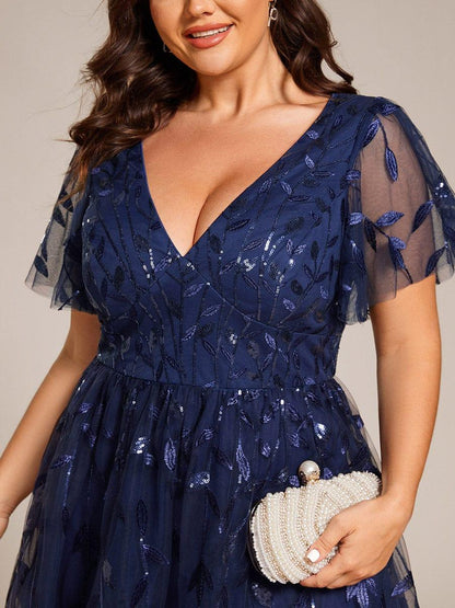 pretty SIMONE|Plus Size Sparkly A-Line Midi Tulle Formal Wedding Guest Dress with Leaf Sequin