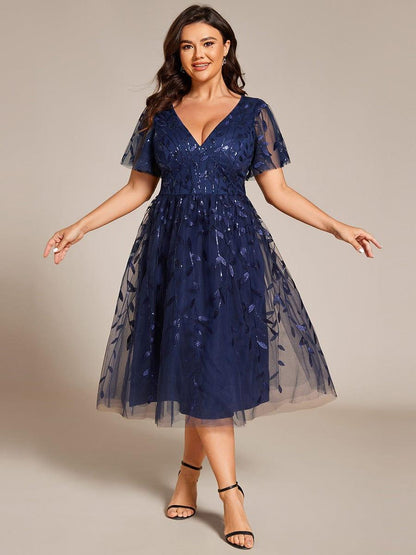 pretty SIMONE|Plus Size Sparkly A-Line Midi Tulle Formal Wedding Guest Dress with Leaf Sequin