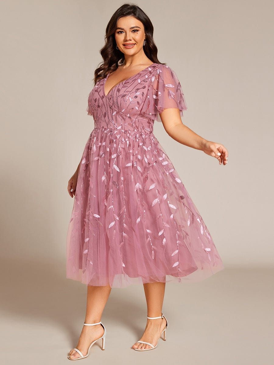pretty SIMONE|Plus Size Sparkly A-Line Midi Tulle Formal Wedding Guest Dress with Leaf Sequin