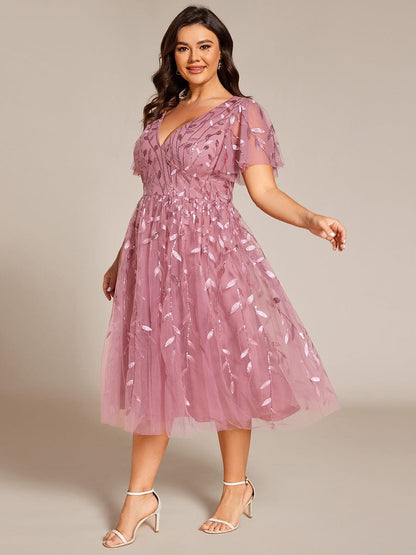 pretty SIMONE|Plus Size Sparkly A-Line Midi Tulle Formal Wedding Guest Dress with Leaf Sequin