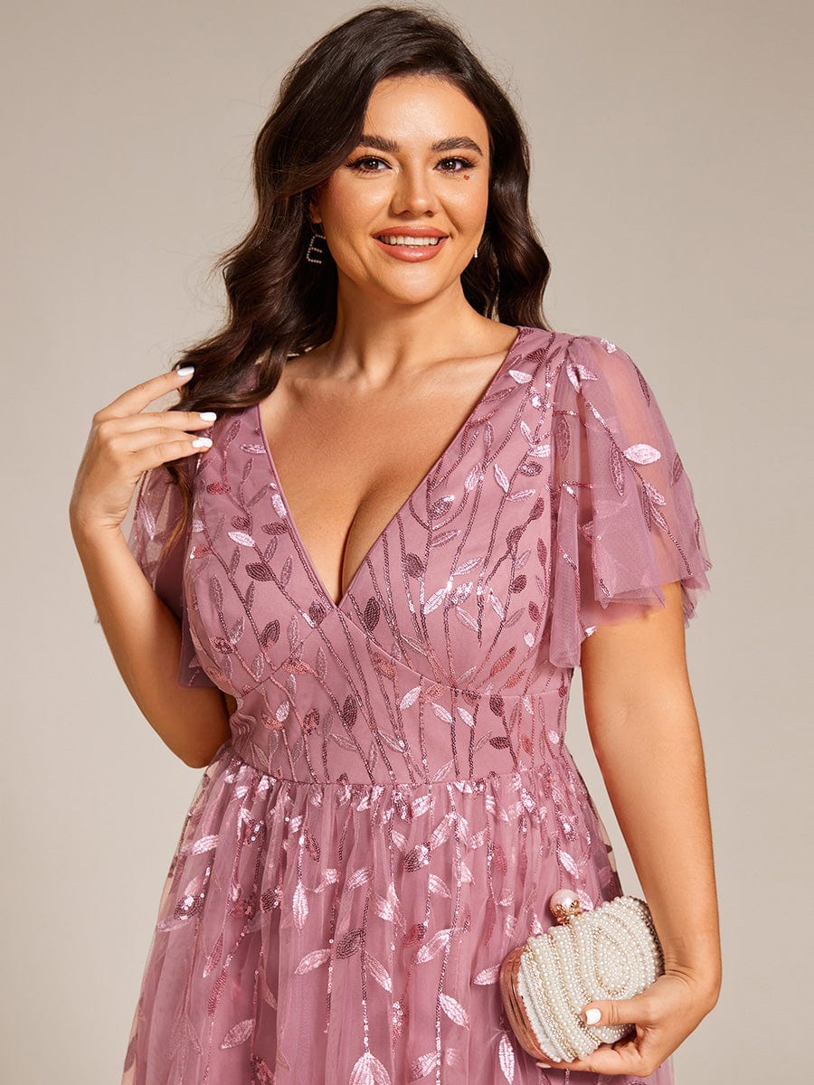 pretty SIMONE|Plus Size Sparkly A-Line Midi Tulle Formal Wedding Guest Dress with Leaf Sequin