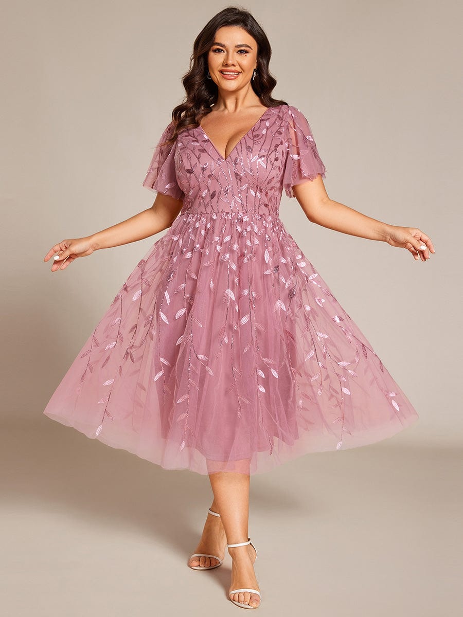 pretty SIMONE|Plus Size Sparkly A-Line Midi Tulle Formal Wedding Guest Dress with Leaf Sequin