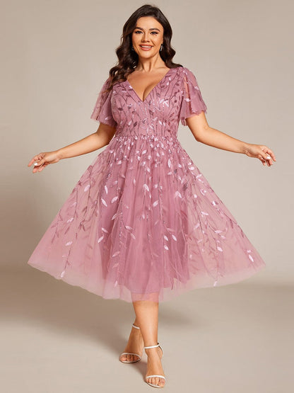 pretty SIMONE|Plus Size Sparkly A-Line Midi Tulle Formal Wedding Guest Dress with Leaf Sequin