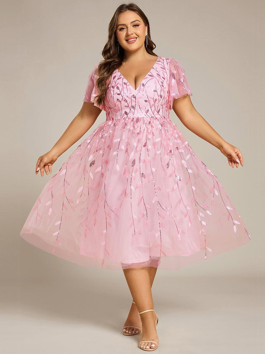 pretty SIMONE|Plus Size Sparkly A-Line Midi Tulle Formal Wedding Guest Dress with Leaf Sequin