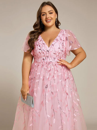 pretty SIMONE|Plus Size Sparkly A-Line Midi Tulle Formal Wedding Guest Dress with Leaf Sequin