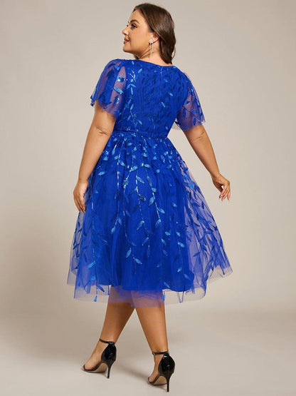 pretty SIMONE|Plus Size Sparkly A-Line Midi Tulle Formal Wedding Guest Dress with Leaf Sequin