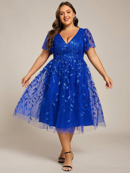 pretty SIMONE|Plus Size Sparkly A-Line Midi Tulle Formal Wedding Guest Dress with Leaf Sequin
