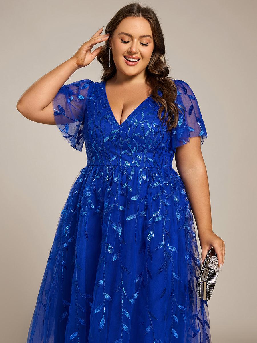 pretty SIMONE|Plus Size Sparkly A-Line Midi Tulle Formal Wedding Guest Dress with Leaf Sequin