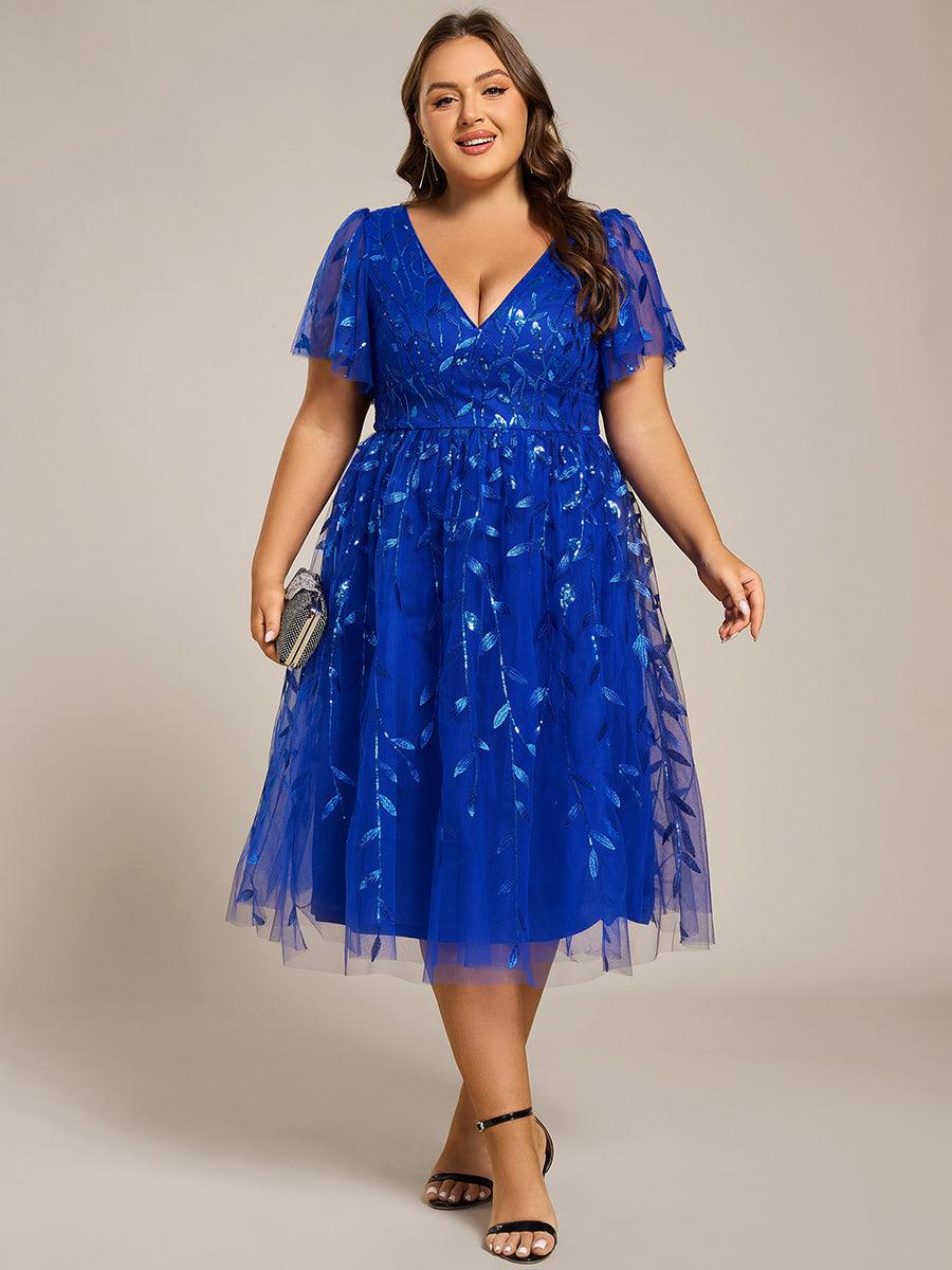 pretty SIMONE|Plus Size Sparkly A-Line Midi Tulle Formal Wedding Guest Dress with Leaf Sequin