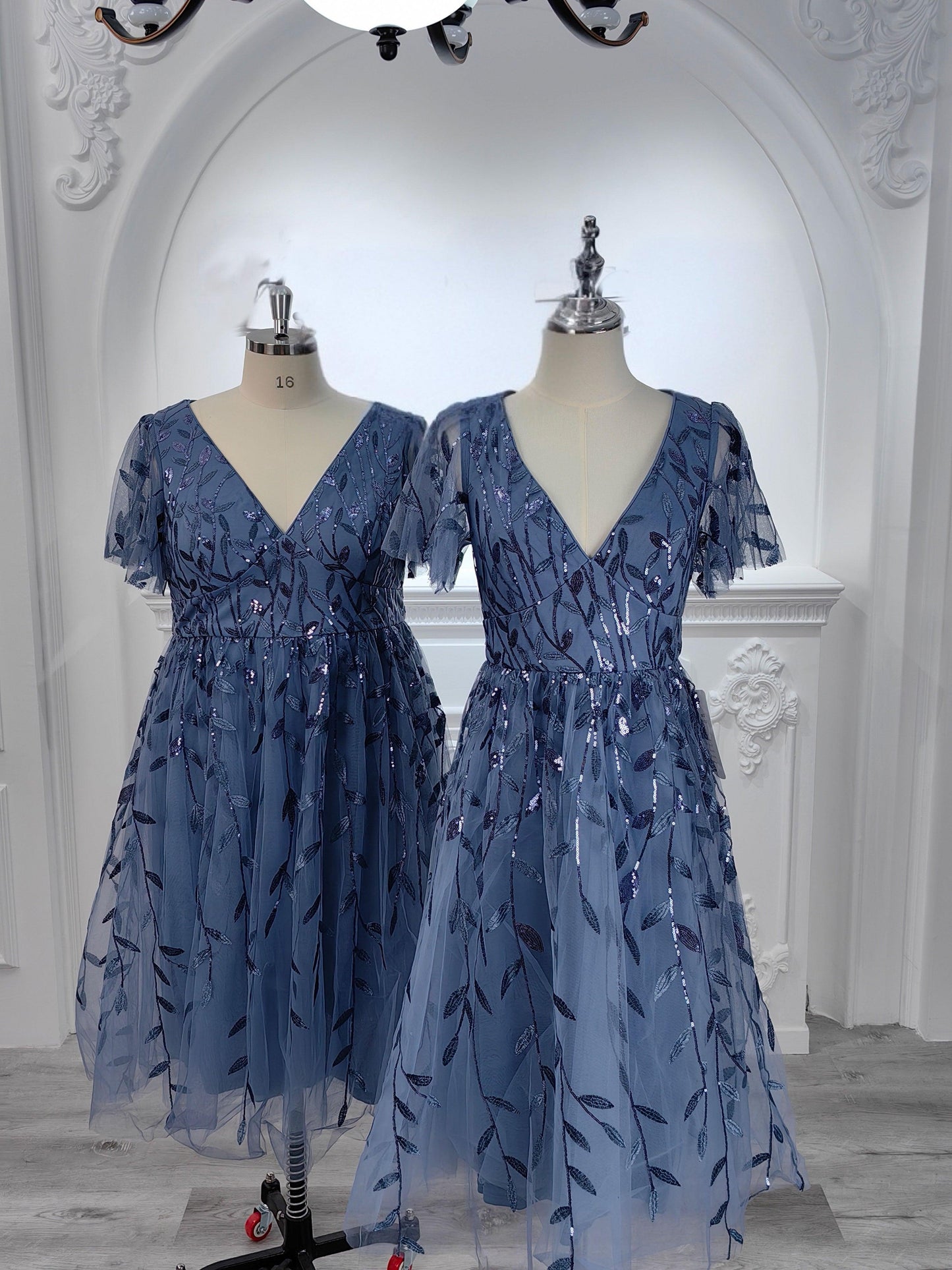 pretty SIMONE|Plus Size Sparkly A-Line Midi Tulle Formal Wedding Guest Dress with Leaf Sequin