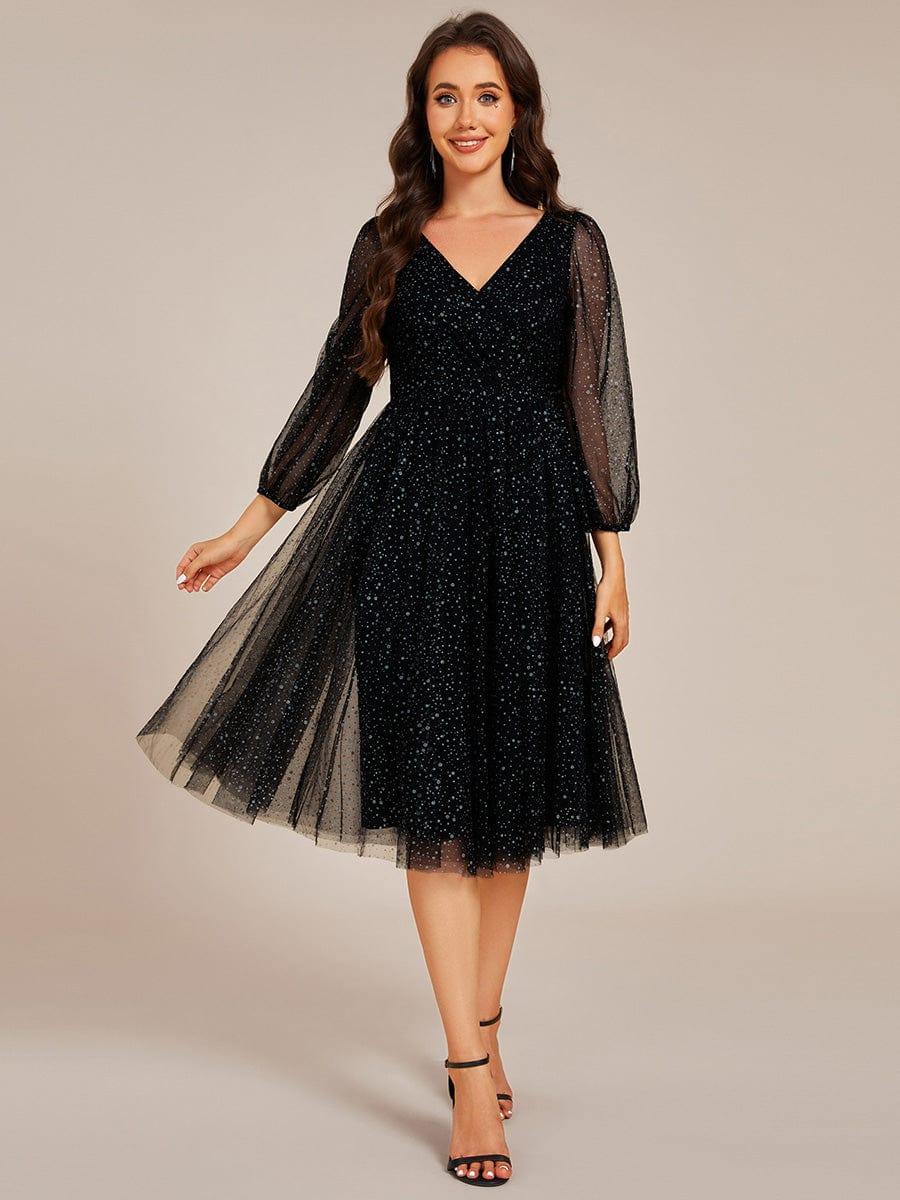 Glittery Long Sleeve V-Neck Midi Wedding Guest Dress