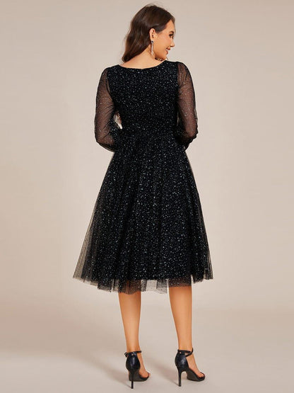 Glittery Long Sleeve V-Neck Midi Wedding Guest Dress