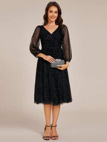 Glittery Long Sleeve V-Neck Midi Wedding Guest Dress