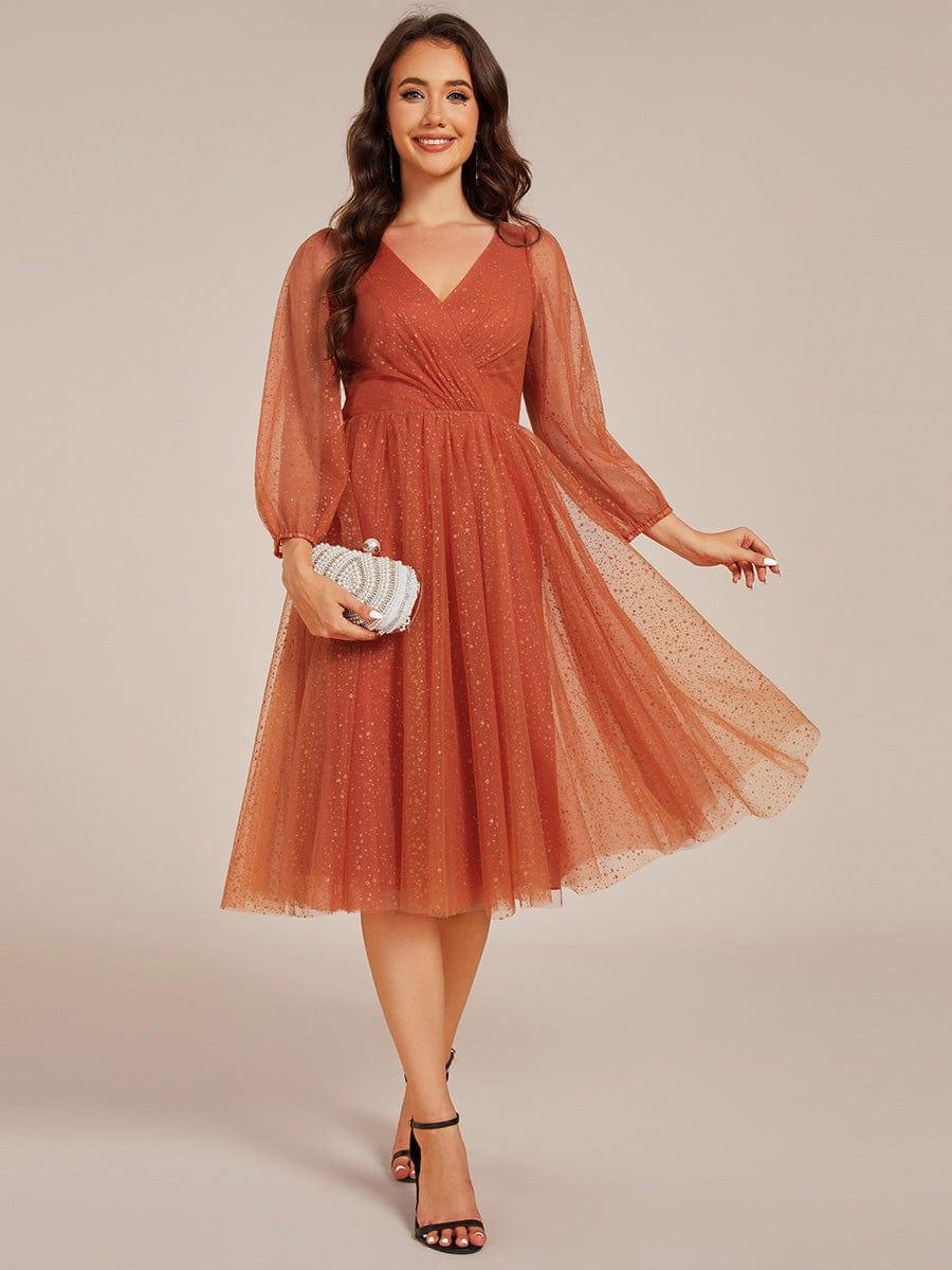 Glittery Long Sleeve V-Neck Midi Wedding Guest Dress