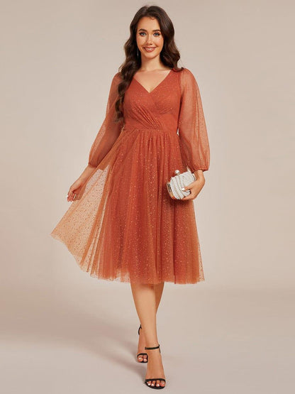 Glittery Long Sleeve V-Neck Midi Wedding Guest Dress