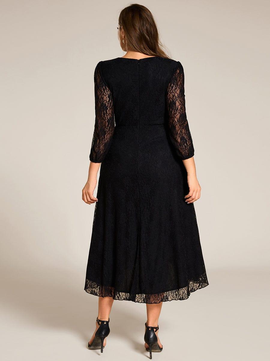 pretty CAMILLE|Plus Size Midi Long Lantern Sleeves V-Neck Lace Wedding Guest Dress