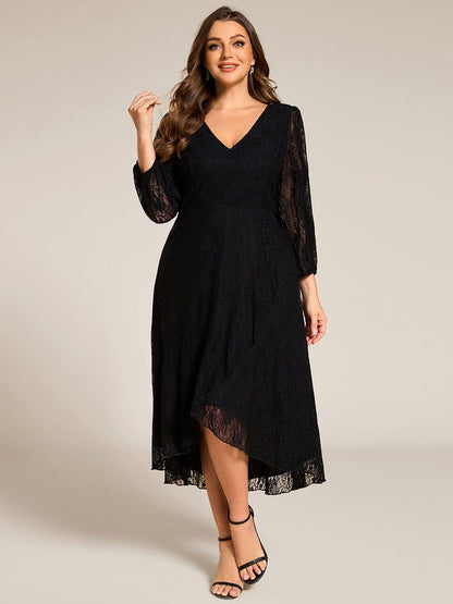 pretty CAMILLE|Plus Size Midi Long Lantern Sleeves V-Neck Lace Wedding Guest Dress