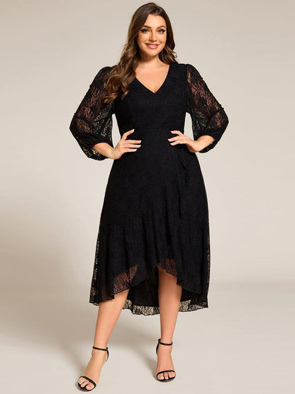 pretty CAMILLE|Plus Size Midi Long Lantern Sleeves V-Neck Lace Wedding Guest Dress